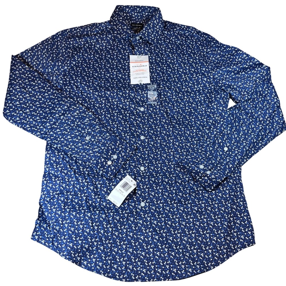 Van Heusen Mens Stain Shield Regular Fit Dress Shirt Midnight Blue Floral M 15.5